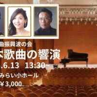 日本歌曲振興波の会 主催「日本歌曲の響演2026」の公演チラシ。第1部に出演するピアニスト藤波結花、ソプラノ佐藤貴子、作曲西田直嗣による西田直嗣作曲ステージの紹介画像。